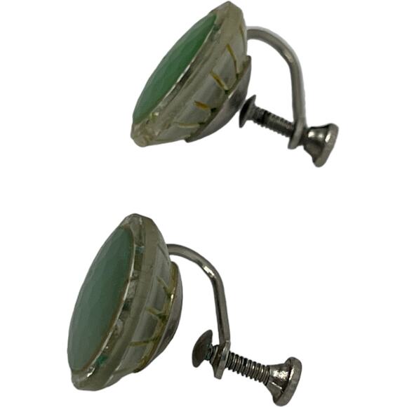 Vintage 1960s Mint Green Round Screw Back Earrings Art Deco Mid Century Mod - Picture 5 of 8